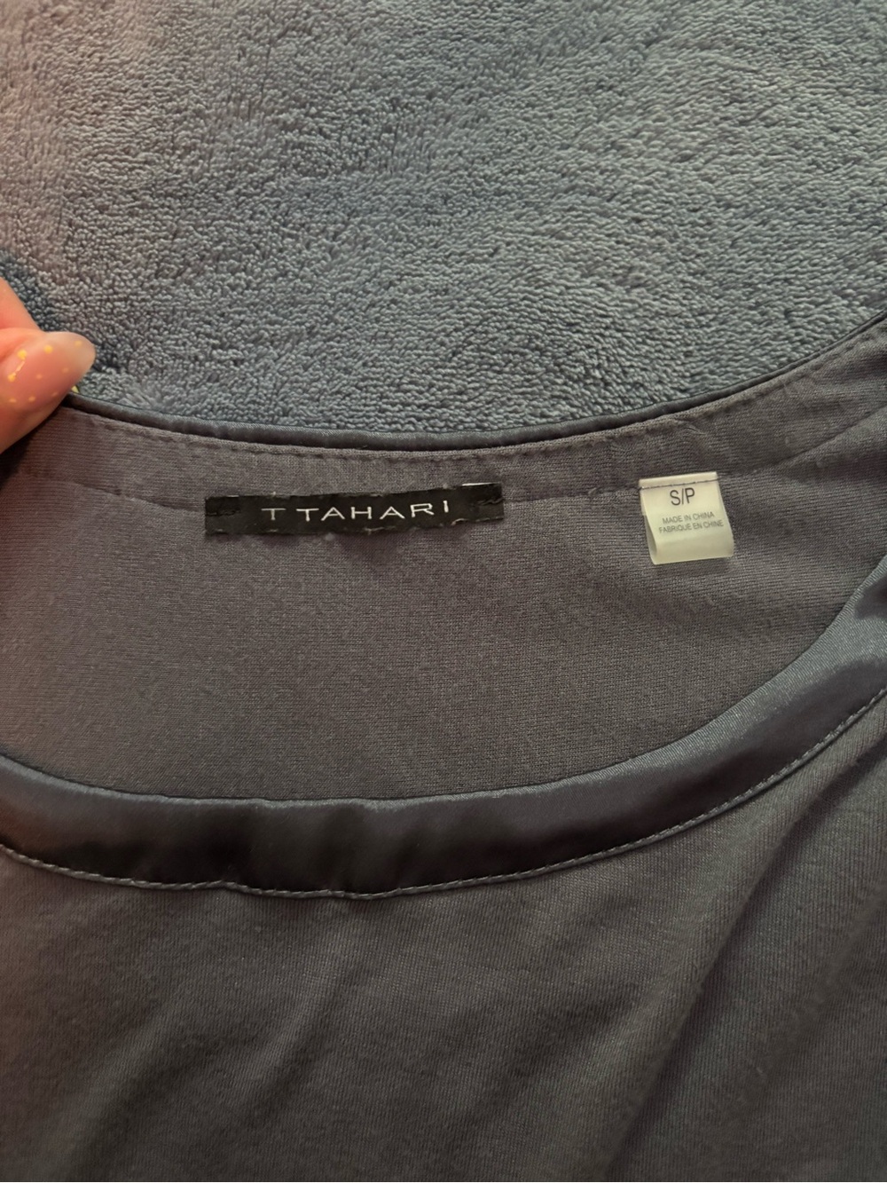 T Tahari Satin-Trim Long Sleeve Top in Shark Gray - Picture 3 of 3